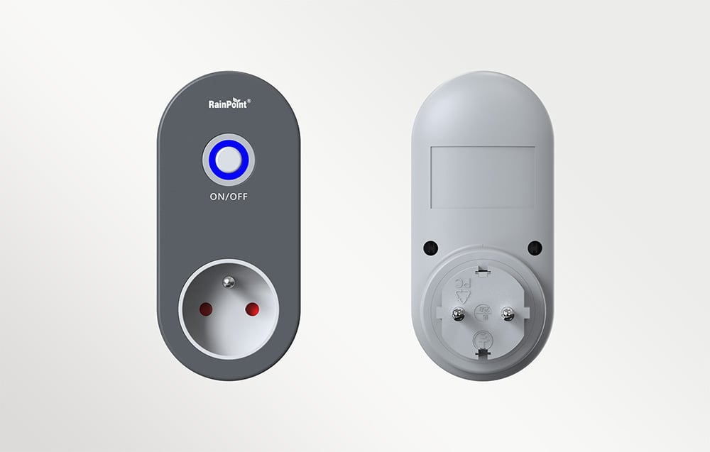 RainPoint smart plug shown from the front and back, featuring an ON/OFF button.