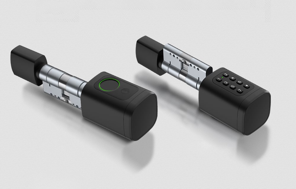 2 black digital lock cylinder on light background