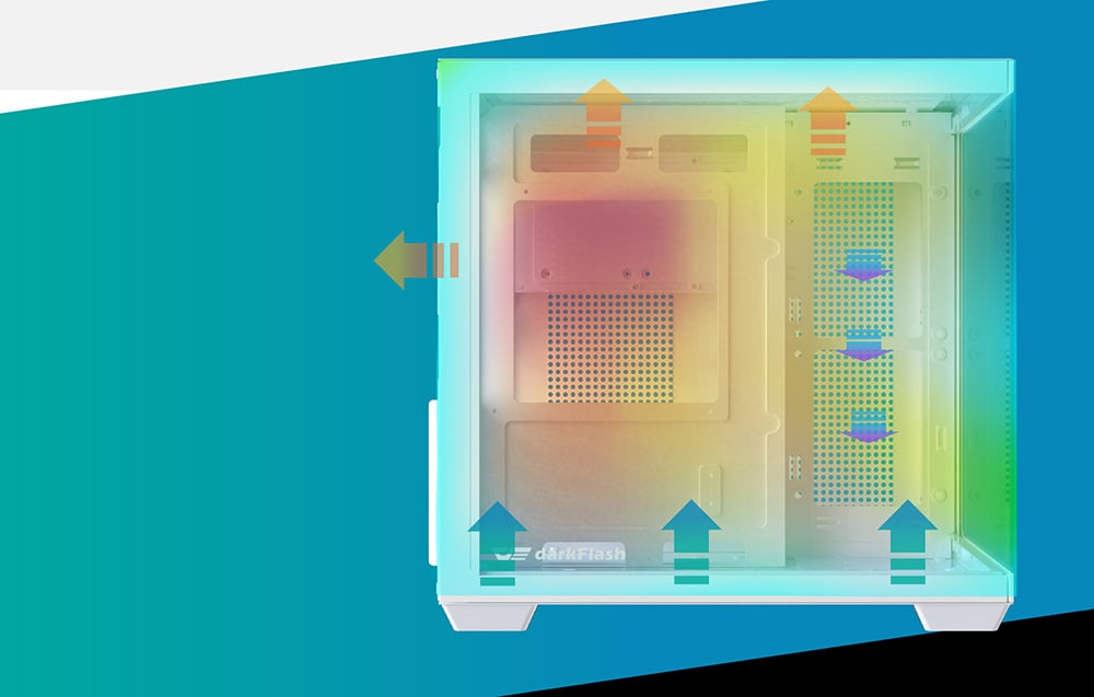 Airflow diagram in a white case with colorful arrows on a turquoise-blue background