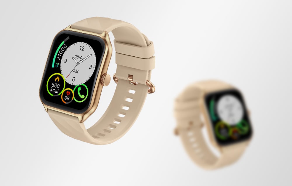 Two Zeblaze smartwatch models standing side by side, one of which is blurred in the background