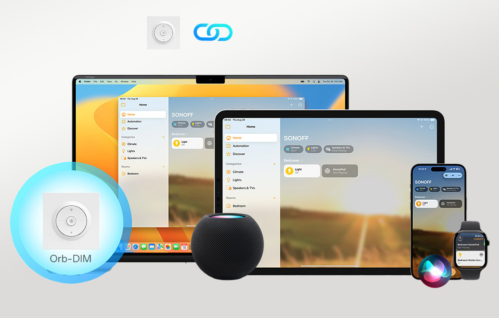 Sonoff wall switch next to compatible devices, including a laptop and voice assistant