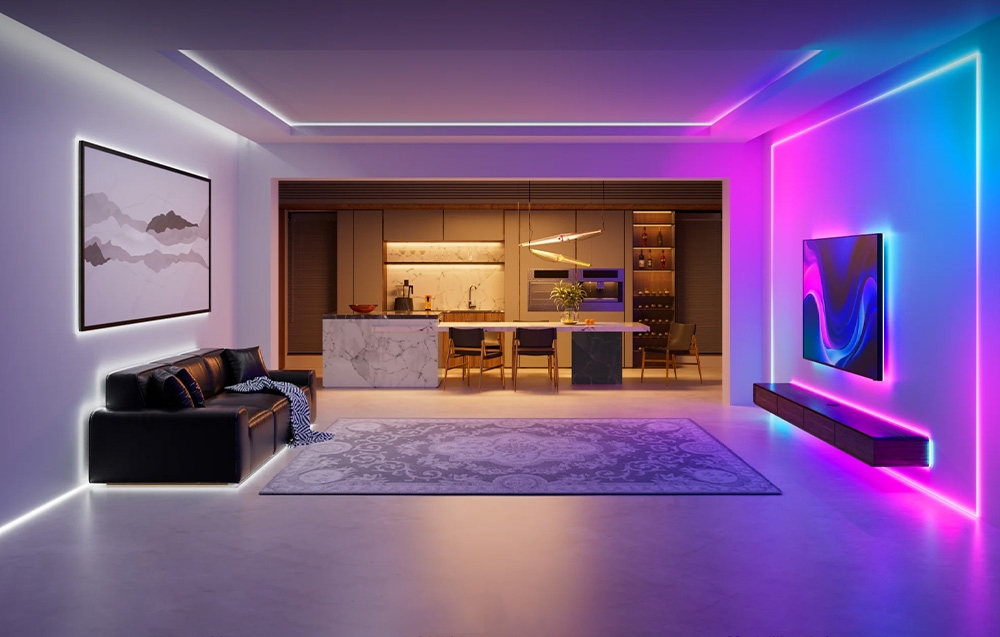 Luxurious living room with colorful RGB LED strips in shades of purple and blue around the walls and TV set