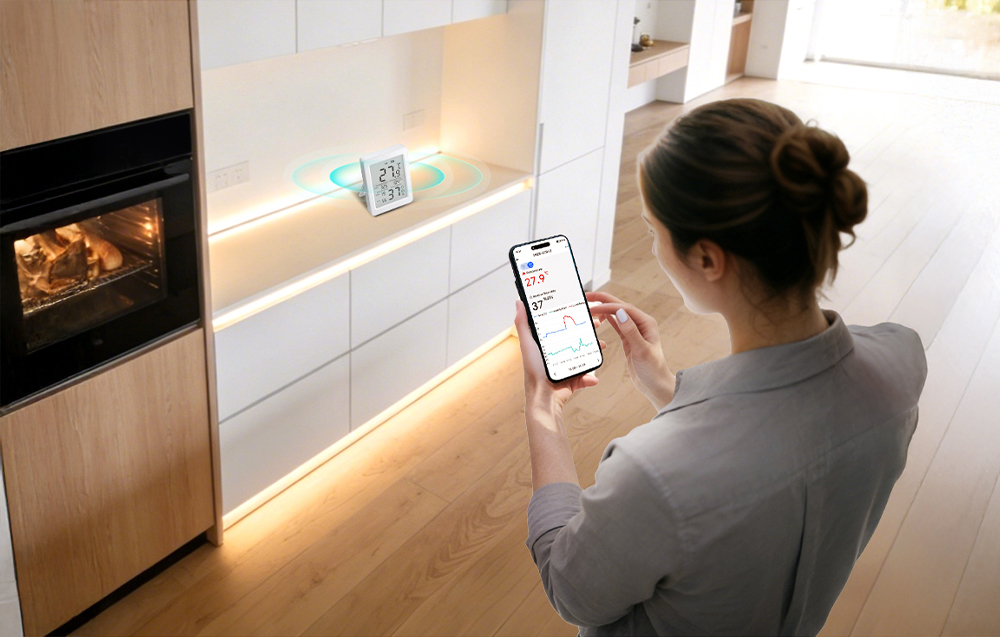 A woman checks the air parameters in the app, and the sensor stands on a backlit shelf in the kitchen.