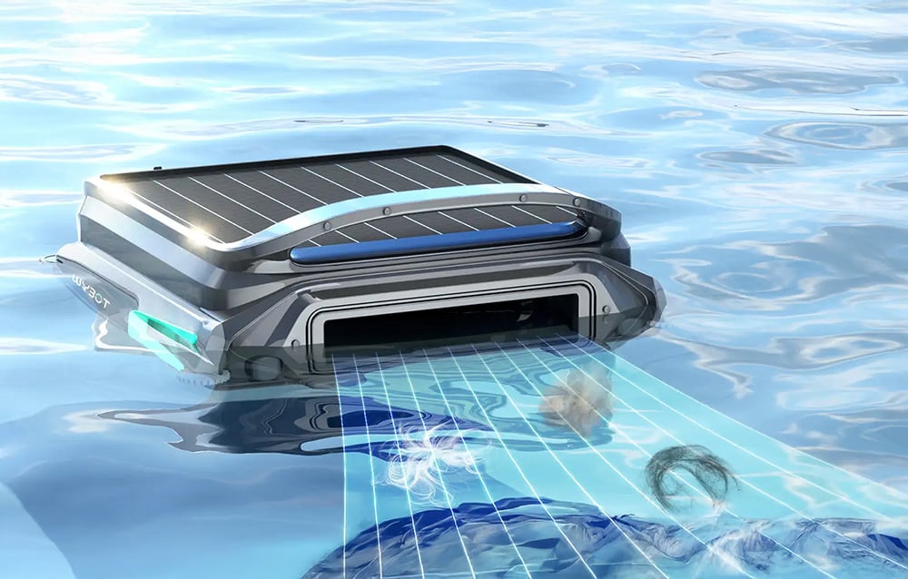 Wybot F1 robot with graphics of scanning the bottom of the pool under the water surface