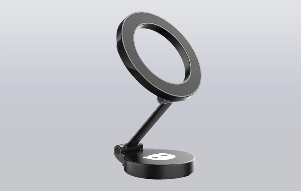 Unfolded black car holder with white OBDeleven logo on a gray background