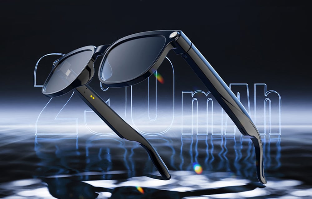 Smart glasses against a background displaying a message indicating a battery capacity of 240 mAh.