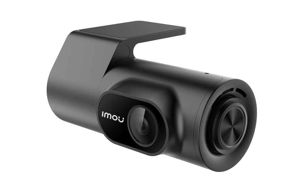 Black Imou dash cam with lens and mounting bracket, angled view on a white background.