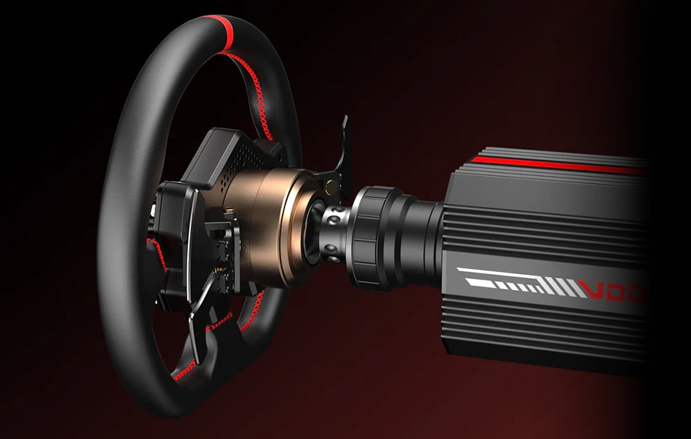 Exploded view of the PXN steering wheel showing the connection to the VD6 base and internal mechanical components