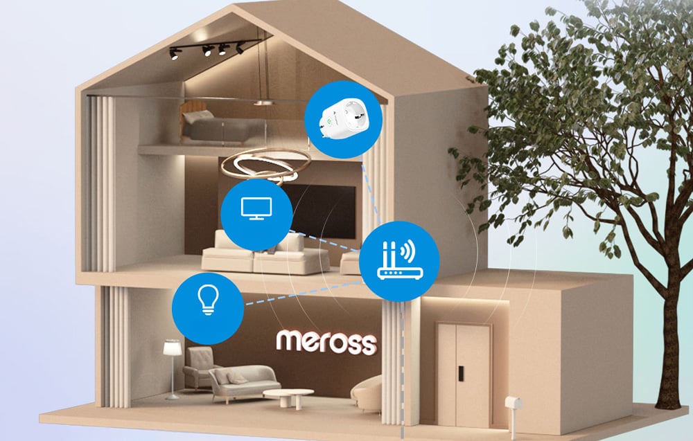 Cross-section of a model house with three floors showing the integration of smart home devices with the Meross logo and smart device icons
