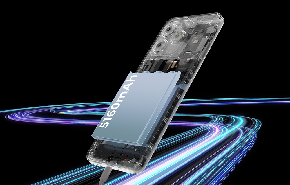 View of the inside of the smartphone and its battery, surrounded by colorful lines