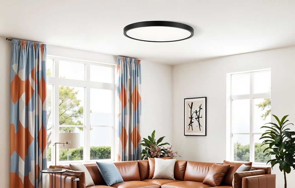 Yeelight Meteor C230 ceiling lamp installed in a bright living room with a brown sofa, colorful curtains and large windows.