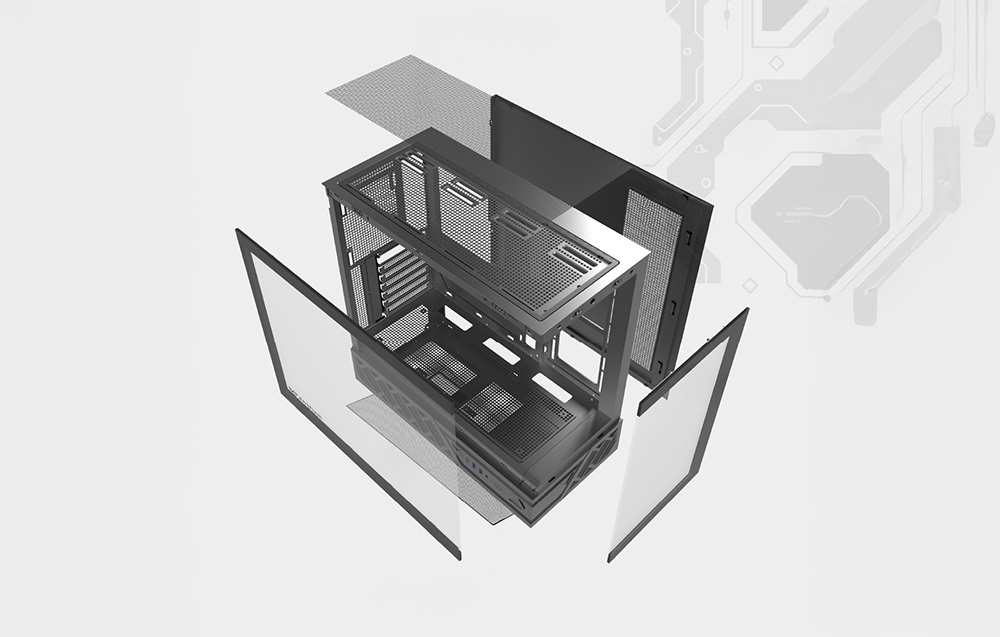 Black computer case with panels unfolded on a gray background