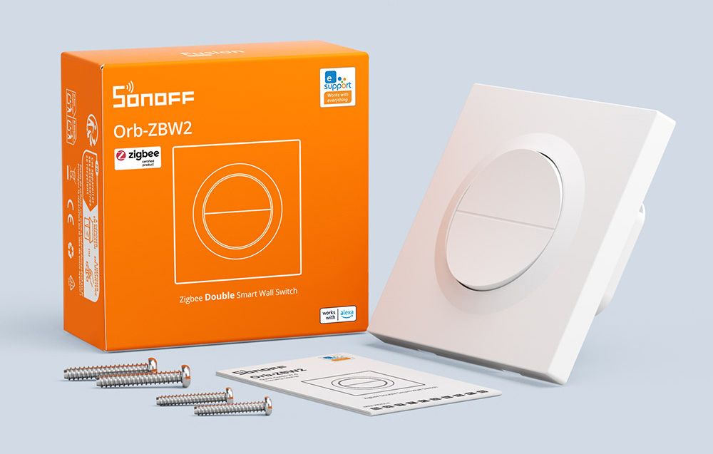 Orange SONOFF Orb-ZBW2 package with two-channel Zigbee switch, mounting screws and instructions