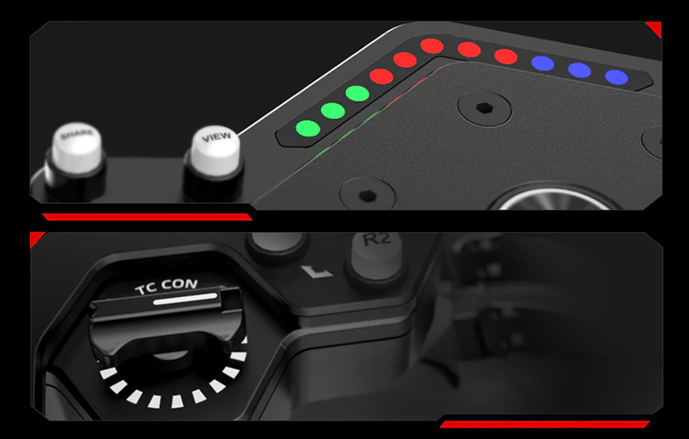 Two-part image showing color LEDs and control knobs with TC CON description on the steering wheel