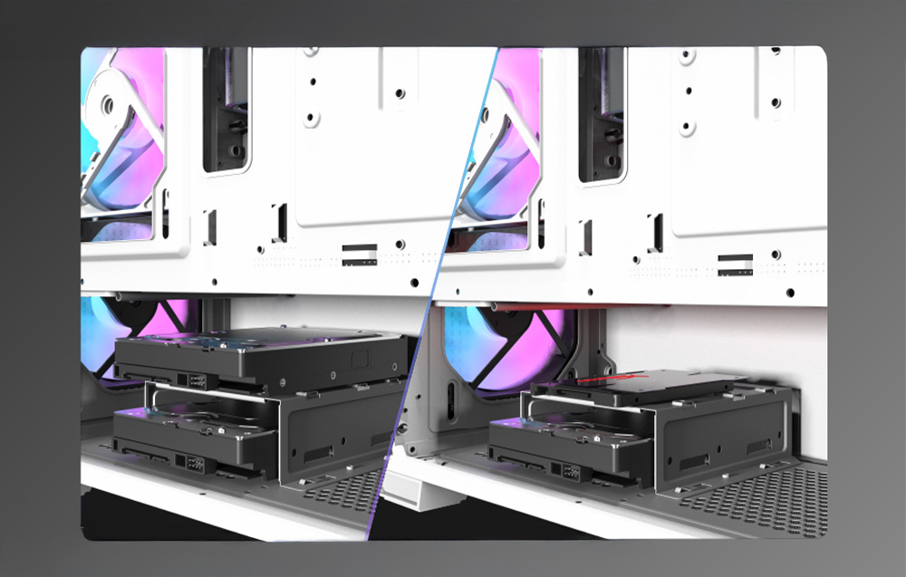Mounting options for computer components in the Darkflash DS900 Mesh computer case.