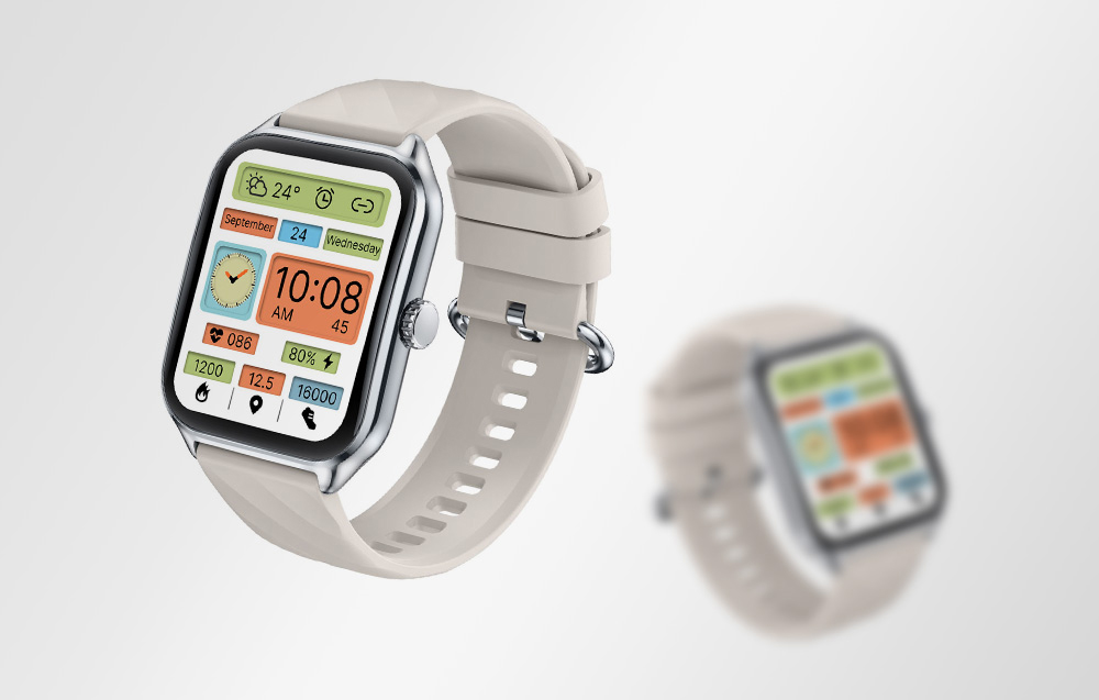 Two Zeblaze smartwatch models standing side by side, one of which is blurred in the background