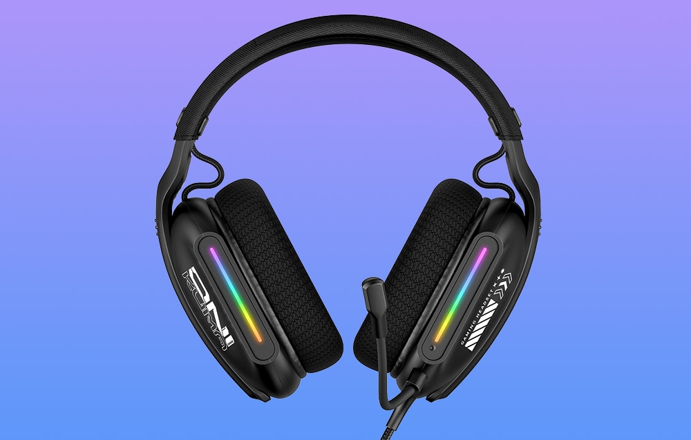 Front view of black headphones with microphone and colored backlight on purple background