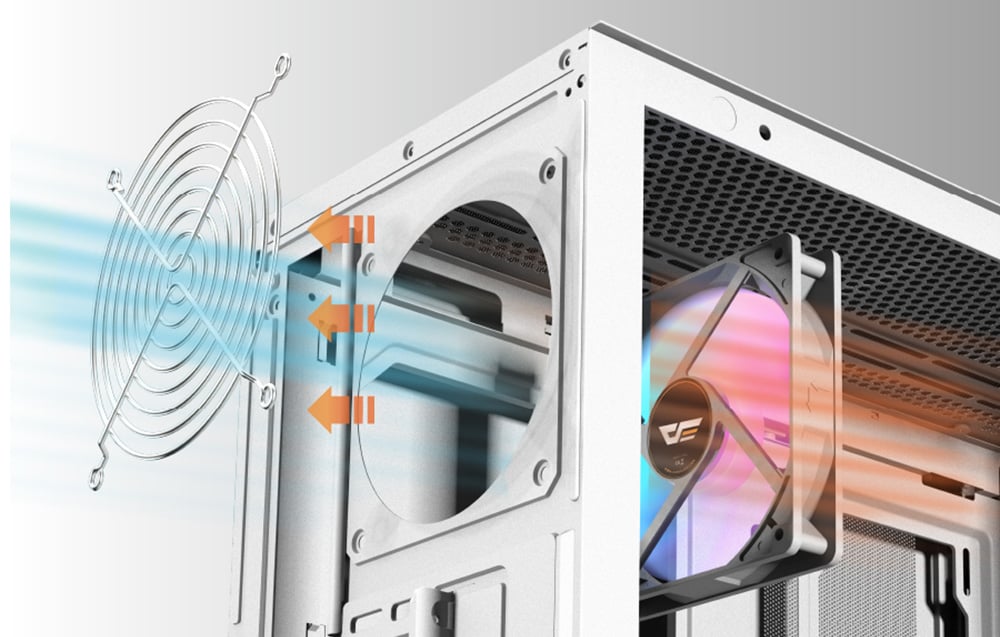 Visualization of the cooling system in the Darkflash DS900W computer case.