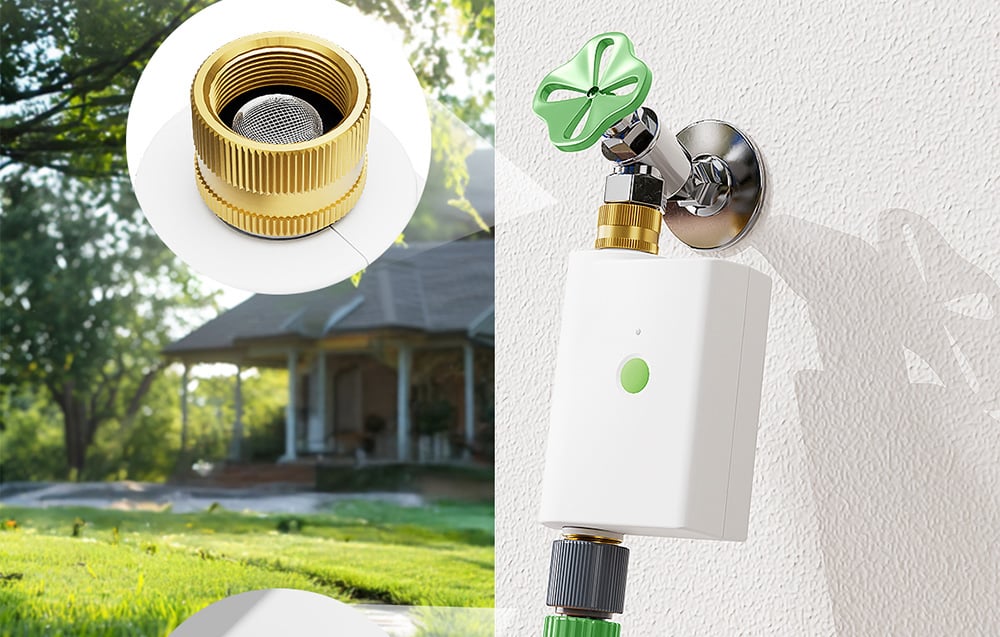 Smart irrigation controller with brass connectors, with a house in the background