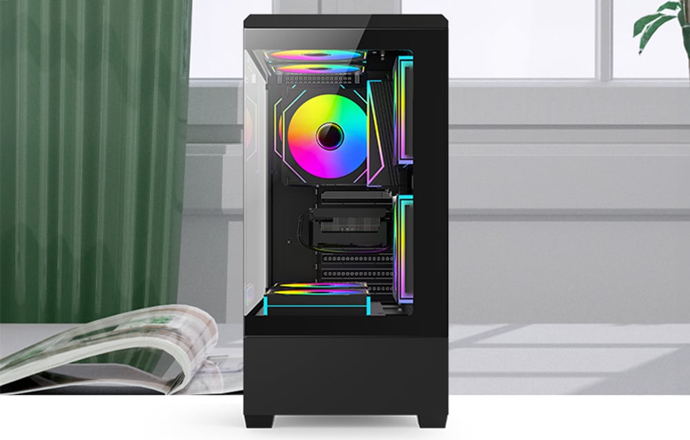 Front view of a black computer case with colorful fans in front of a window