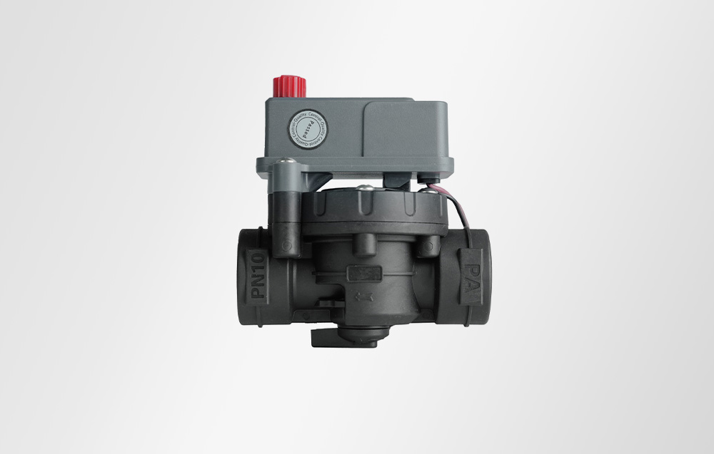 Side view of a black solenoid valve with a gray top