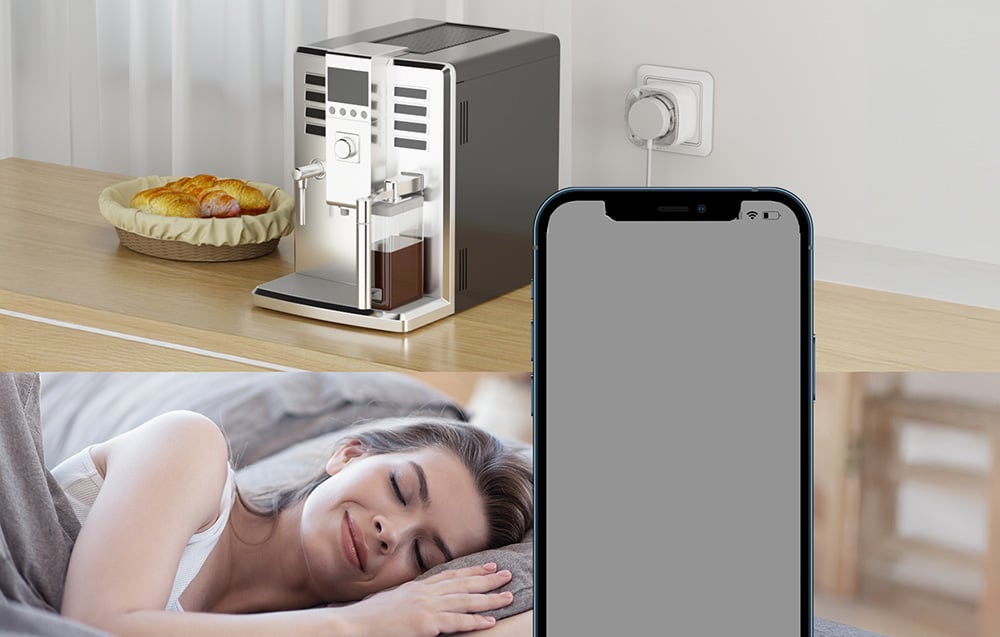 Coffee maker connected to a smart outlet on the kitchen counter, with a picture of a sleeping woman superimposed at the bottom and a large smartphone with a bla