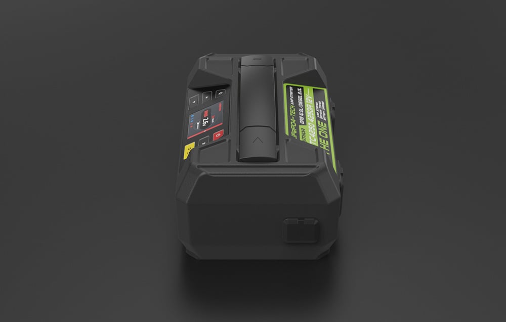 Portable LOKITHOR jump starter with a green information sticker, side view.