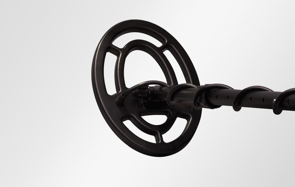 Close-up of the round coil of the Garrett ACE 150 metal detector.