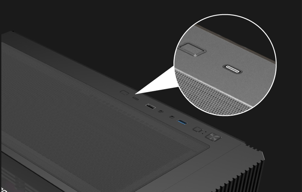 Close-up of the ports and buttons of the black computer case.