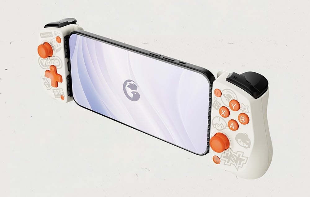Smartphone mounted in a sliding game controller with a white casing and orange controls on both sides