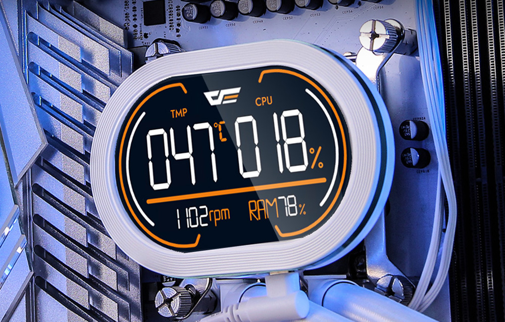 Oval water block display mounted on the motherboard, showing a temperature of 47 degrees and parameters