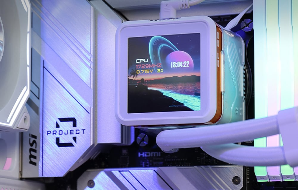 Close-up of the water cooling display inside the computer case