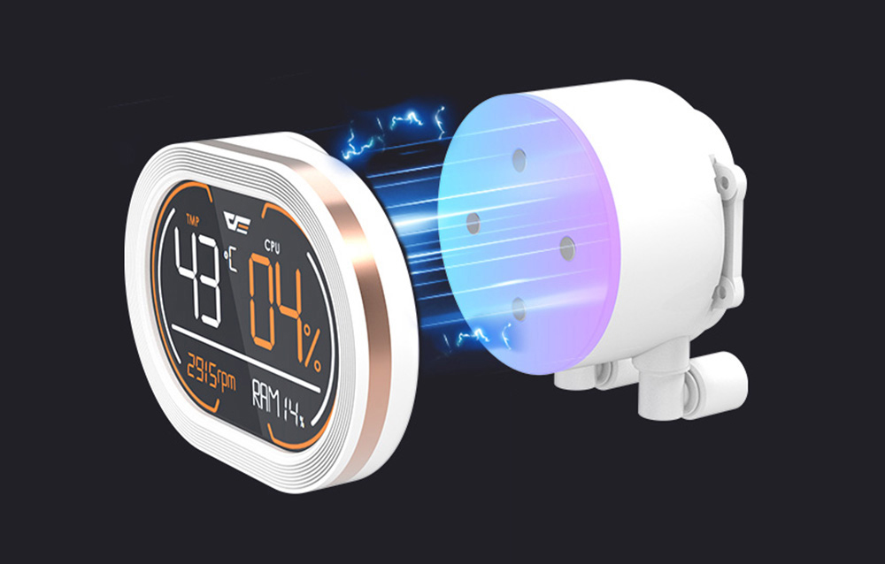 Visualization of the detachable LCD display from the AIO water cooling block with lighting effects