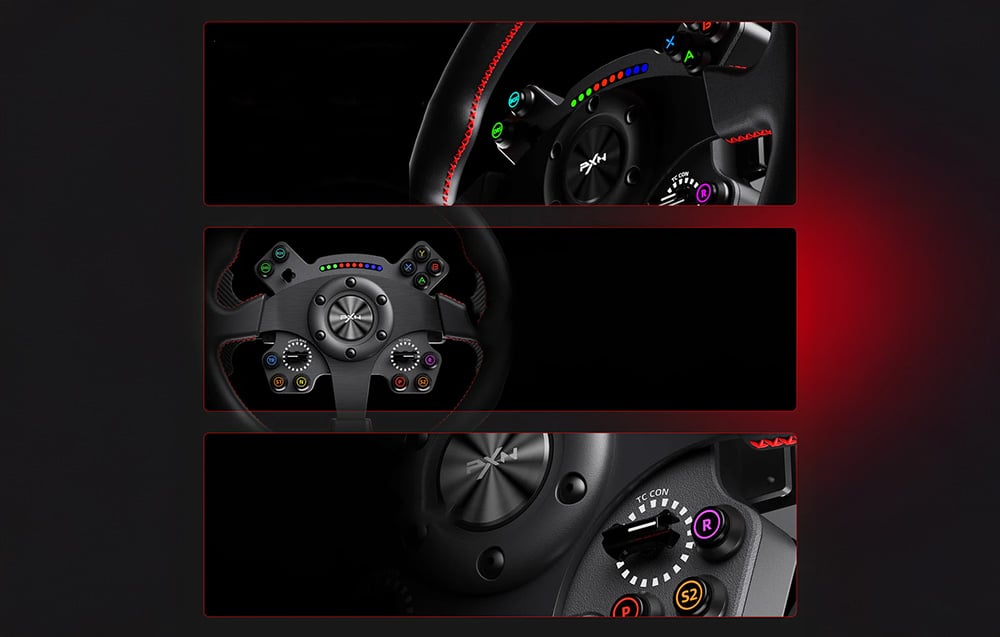 3 close-up photos of the gaming steering wheel buttons.