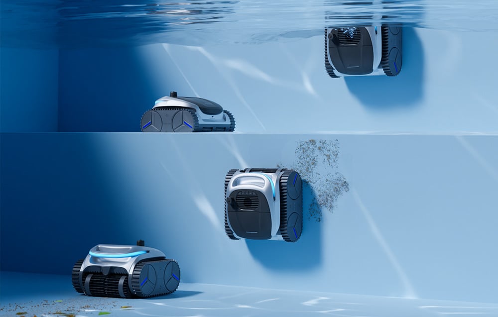 Cleaning robots working simultaneously on the pool floor and walls underwater