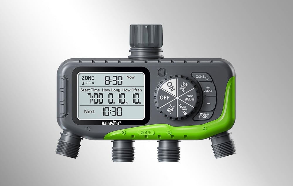 RainPoint 4-zone irrigation controller on a gray background