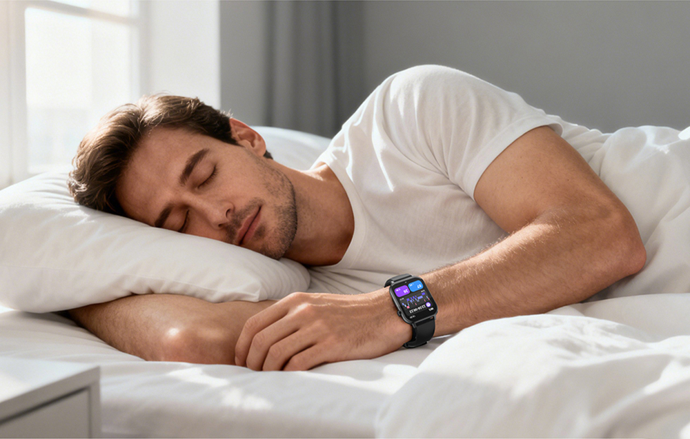 A man in a white T-shirt is sleeping on his side in bed with a black Colmi smartwatch on his left wrist