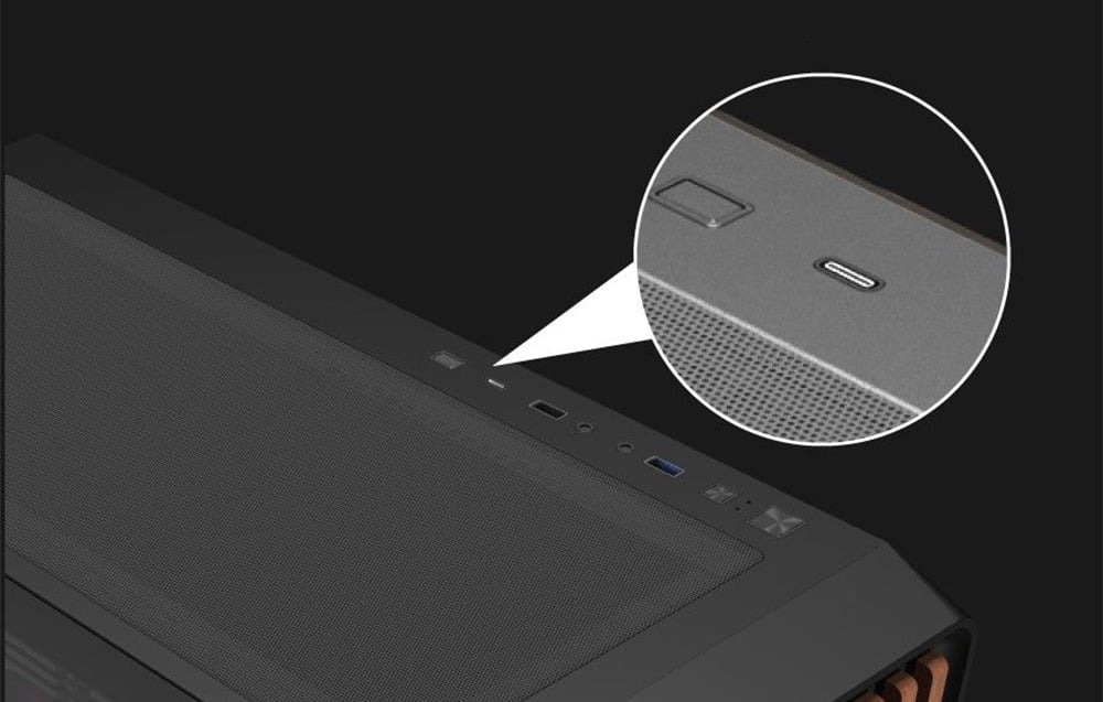 Close-up of the USB-C port and reset button on a black computer case.