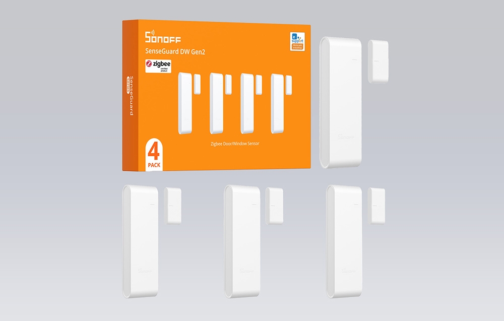 Door and window sensors with packaging on a light gray background