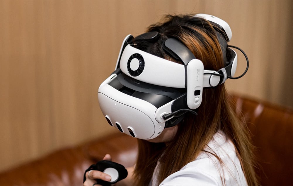 Woman wearing VR glasses with the F3 face pad
