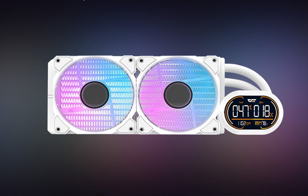 White water cooling kit with two backlit fans and an oval LCD screen on the side
