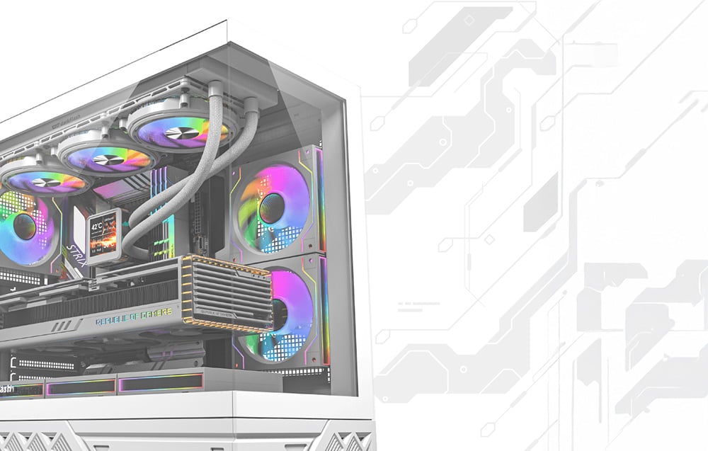 Close-up of a white PC case with colorful RGB fans on a light background