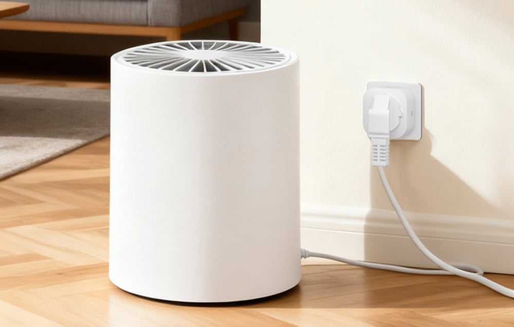 Humidifier plugged in on a light-colored floor