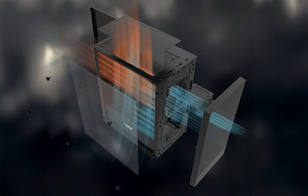 Visualization showing the Darkflash M305 computer case disassembled.