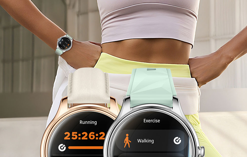 Close-up of two smartwatches (gold and silver) displaying sports modes: running and walking, against the background of a woman exercising.