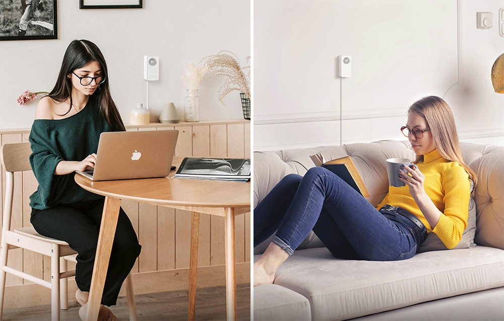 Two women working and relaxing in separate interiors, with Meross motion sensors visible on the walls behind them