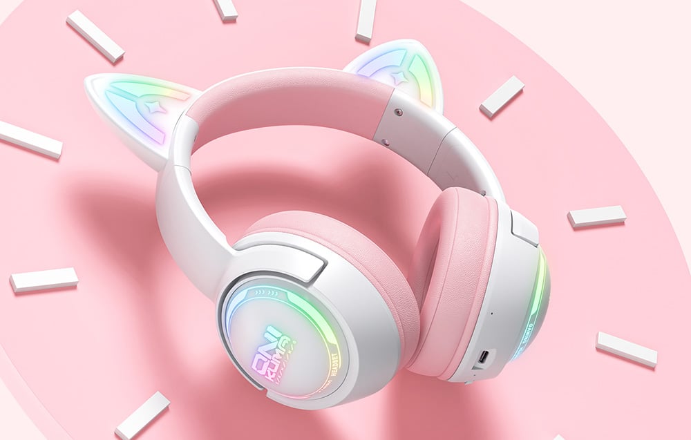 Gaming Onikuma headphones floating above a clockwork graphic