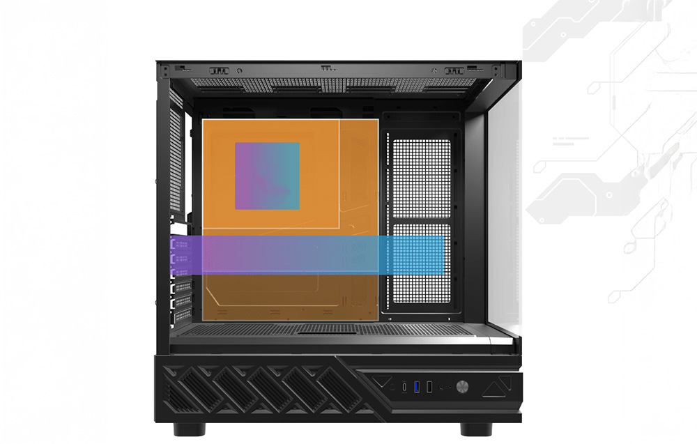 Graphic showing the compatibility of component dimensions in a black PC case