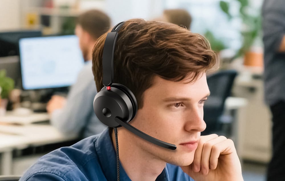 A man with dark hair wears Onikuma headphones, putting his hand to his face