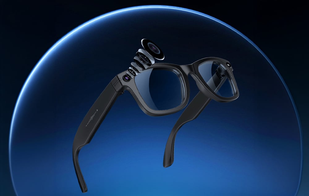 Smart glasses with a built-in camera on a navy-black background